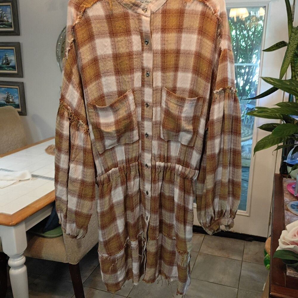 We The Free Womens Small Mini Dress Brown Plaid Long Sleeve Boho Raw Hem Pockets